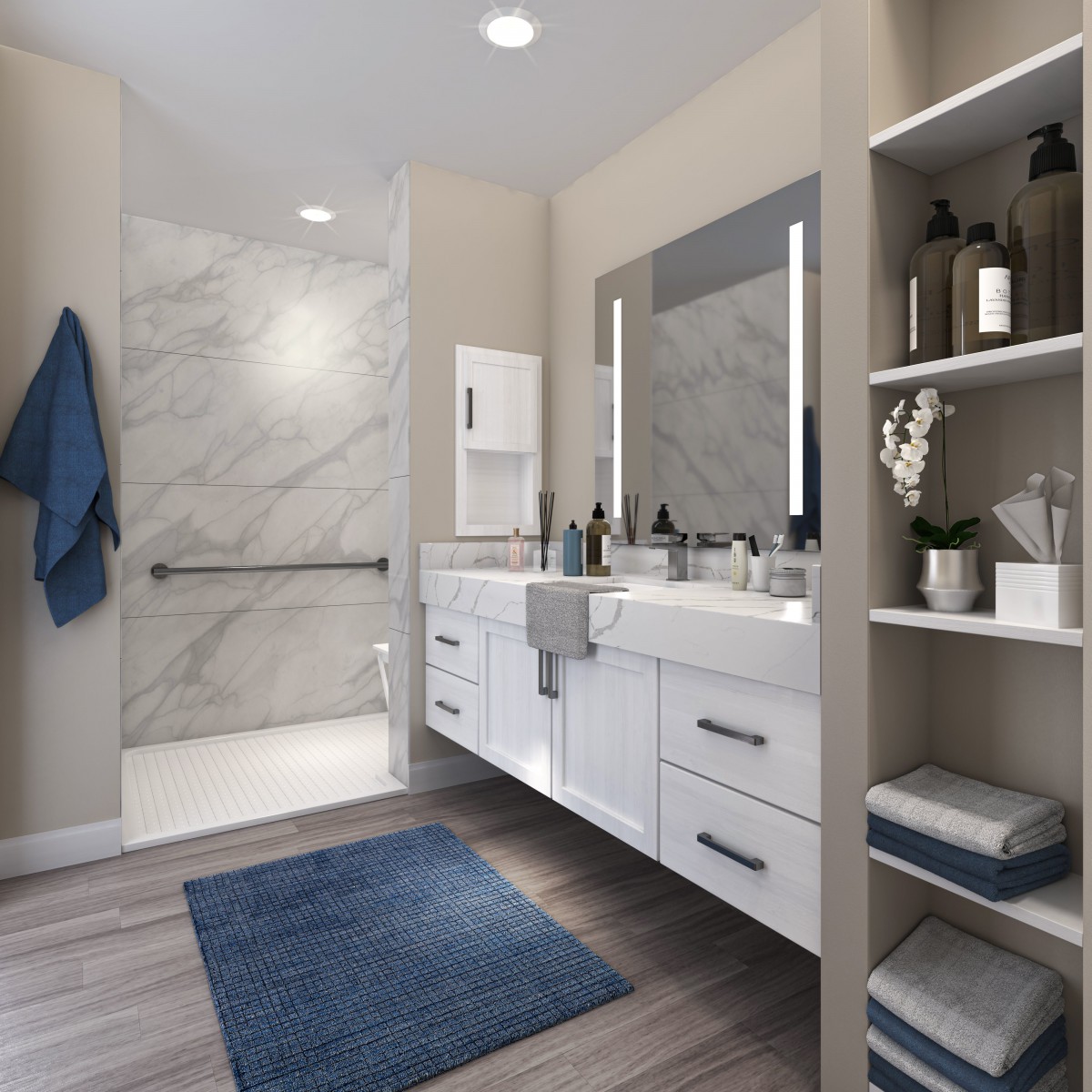 A modern bathroom featuring a double sink vanity, spacious shower, and stylish shelving.