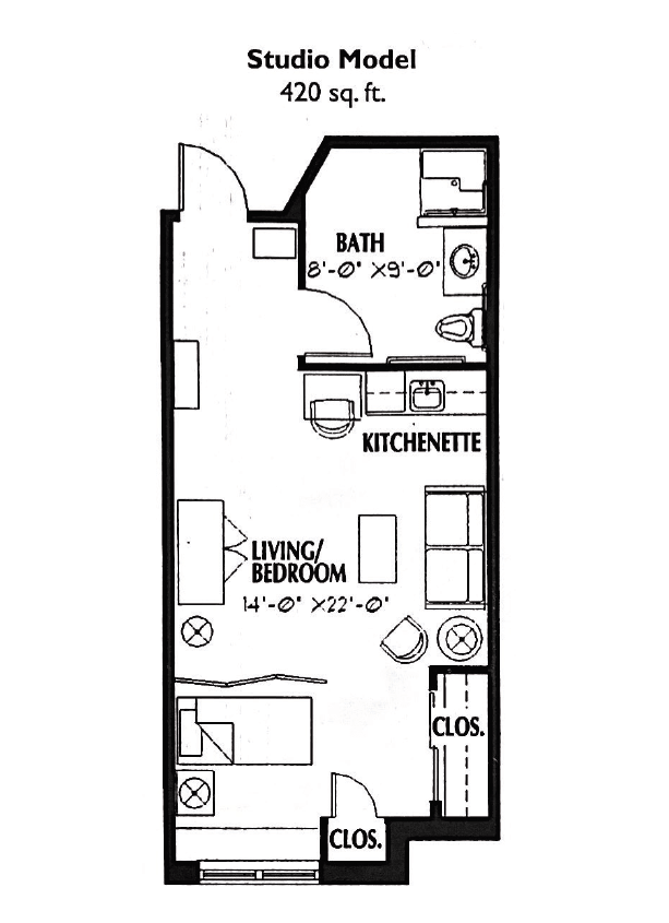A floor plan of a studio apartment featuring a living/sleeping area, kitchenette, and bathroom.
