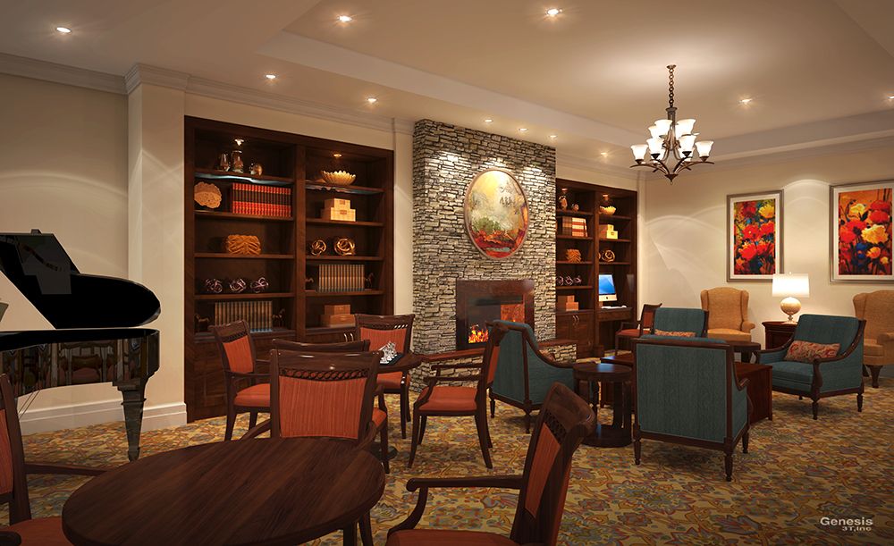 A cozy library interior featuring a stone fireplace, warm lighting, and comfortable seating arrangements.