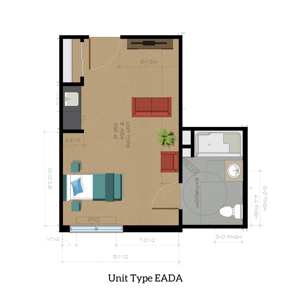 A floor plan of a studio apartment labeled as Unit Type EADA.