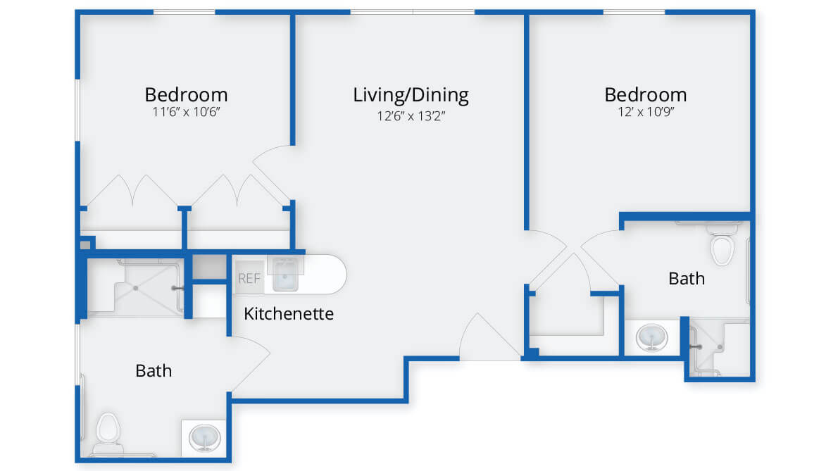 A floor plan of an apartment featuring a living/dining area, two bedrooms, a kitchen, and bathrooms.