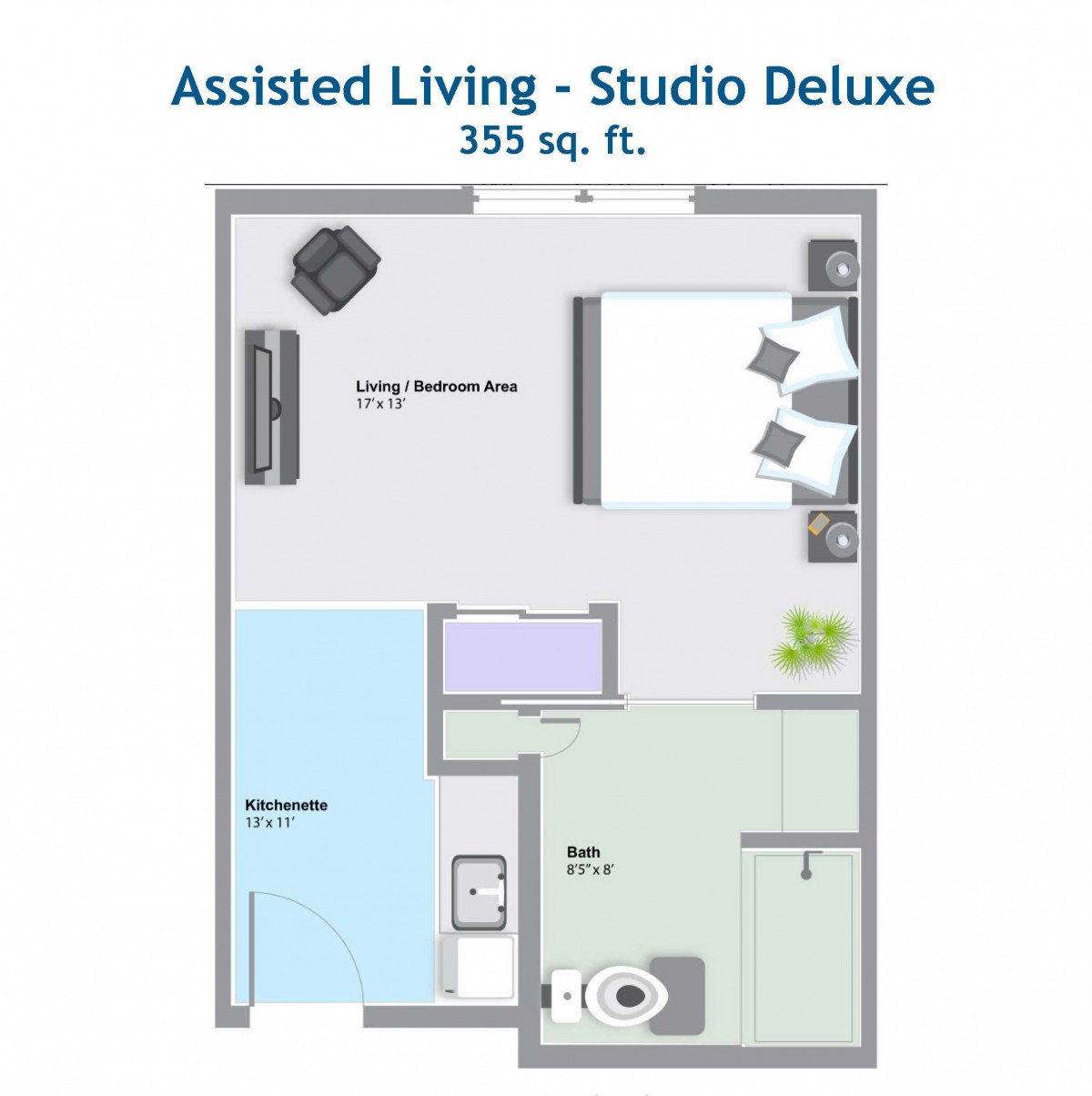 Assisted Living Studio Deluxe layout with a total area of 355 square feet.