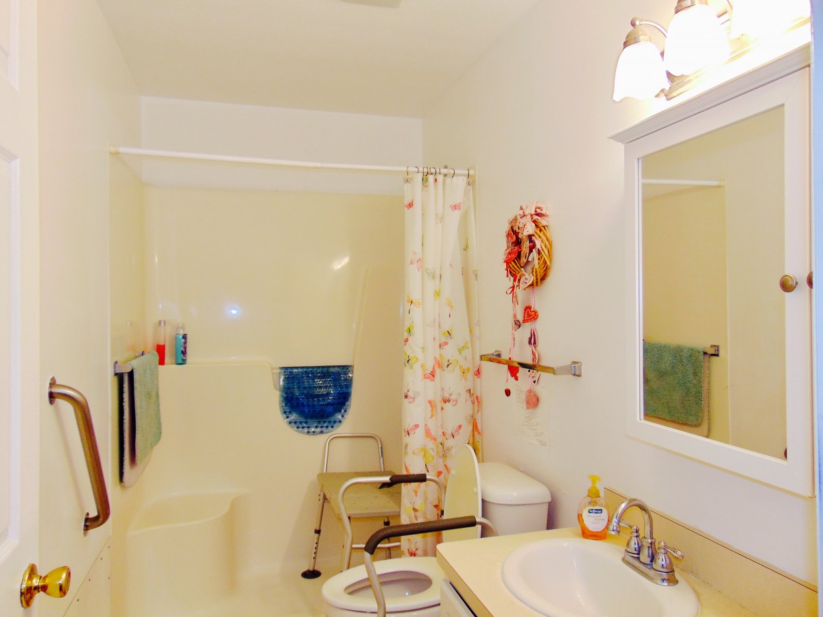 A brightly lit bathroom featuring a shower, toilet, and sink with decorative items.