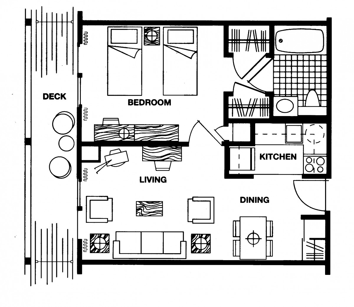 A detailed floor plan of an apartment featuring a bedroom, living room, kitchen, dining area, bathroom, and deck.