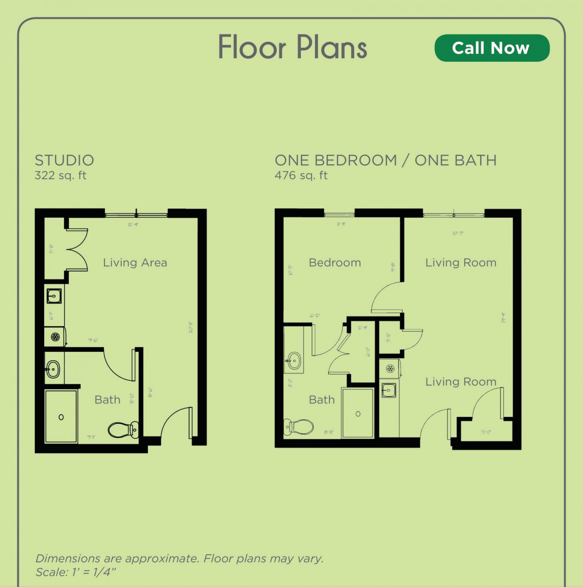 Floor plans showcasing layouts for a studio and a one-bedroom apartment.