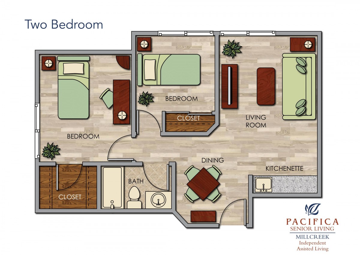 A floor plan layout of a two-bedroom apartment with living room, kitchen, and bathroom.