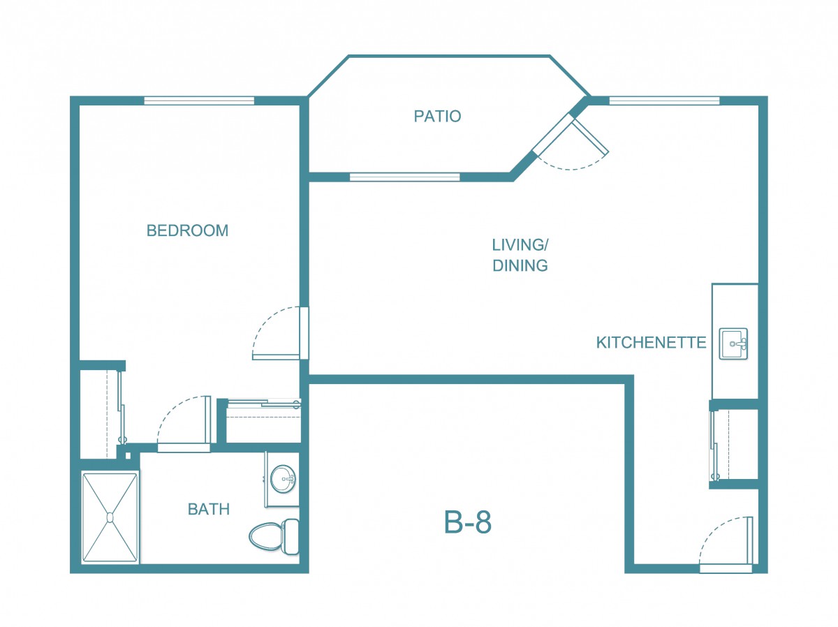 A floor plan of a one-bedroom apartment featuring a living/dining area, kitchenette, bathroom, and patio.