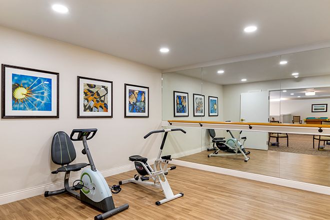 A modern home gym featuring a stationary bike, mirrors, and framed artwork on the walls.