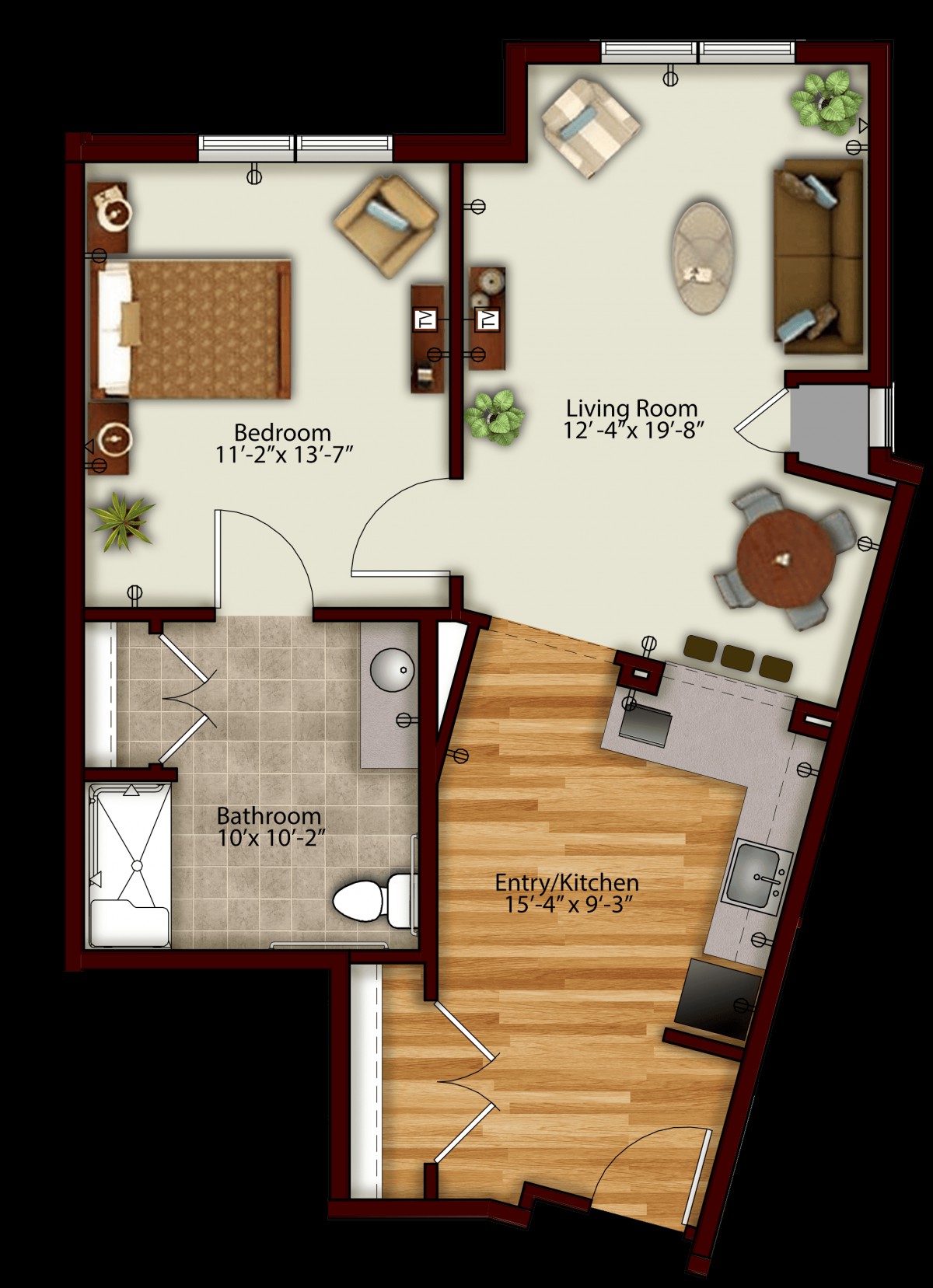 A floor plan of a one-bedroom apartment featuring a living room, kitchen, and bathroom.