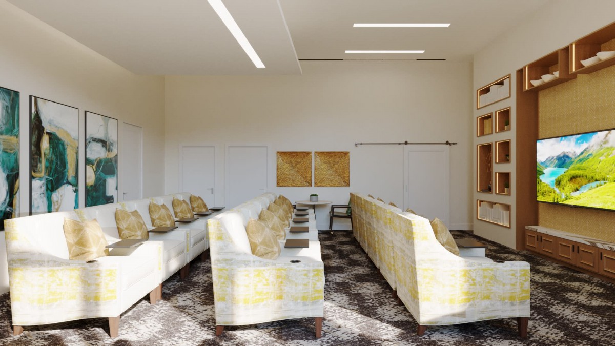 A modern interior room with stylish seating arrangements and contemporary artwork on the walls.
