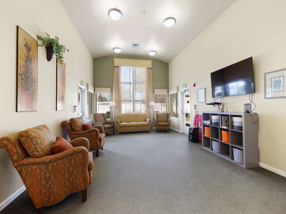 A spacious living room featuring a sofa, armchairs, a television, and a bookshelf.