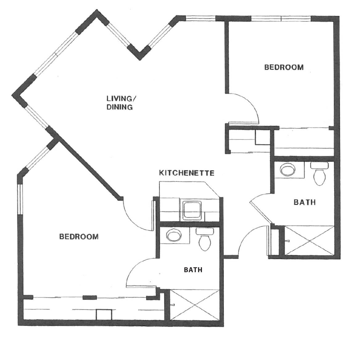 A floor plan of a two-bedroom apartment with a living/dining area, two bathrooms, and a kitchenette.