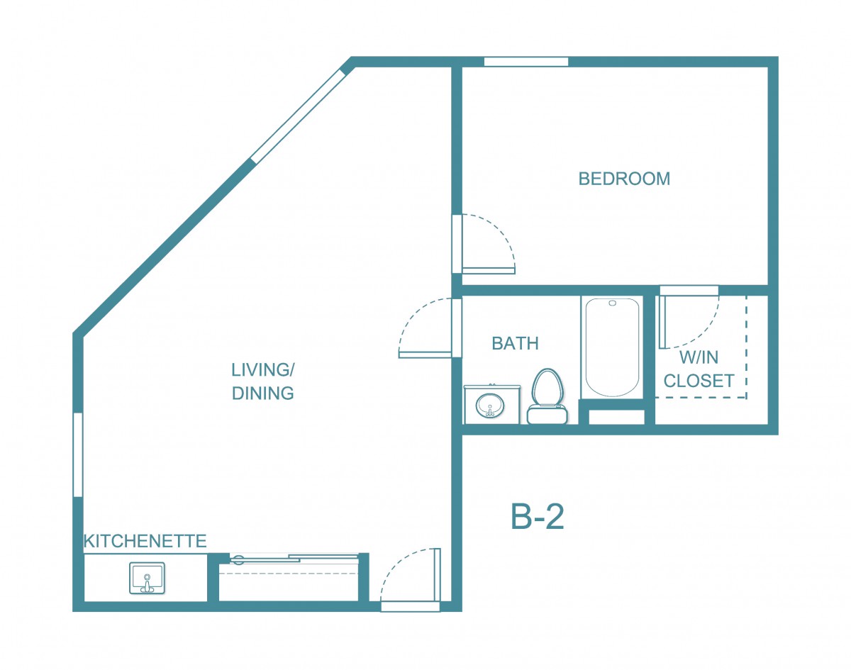 A floor plan of a one-bedroom apartment with living/dining area, kitchen, bathroom, and closet.