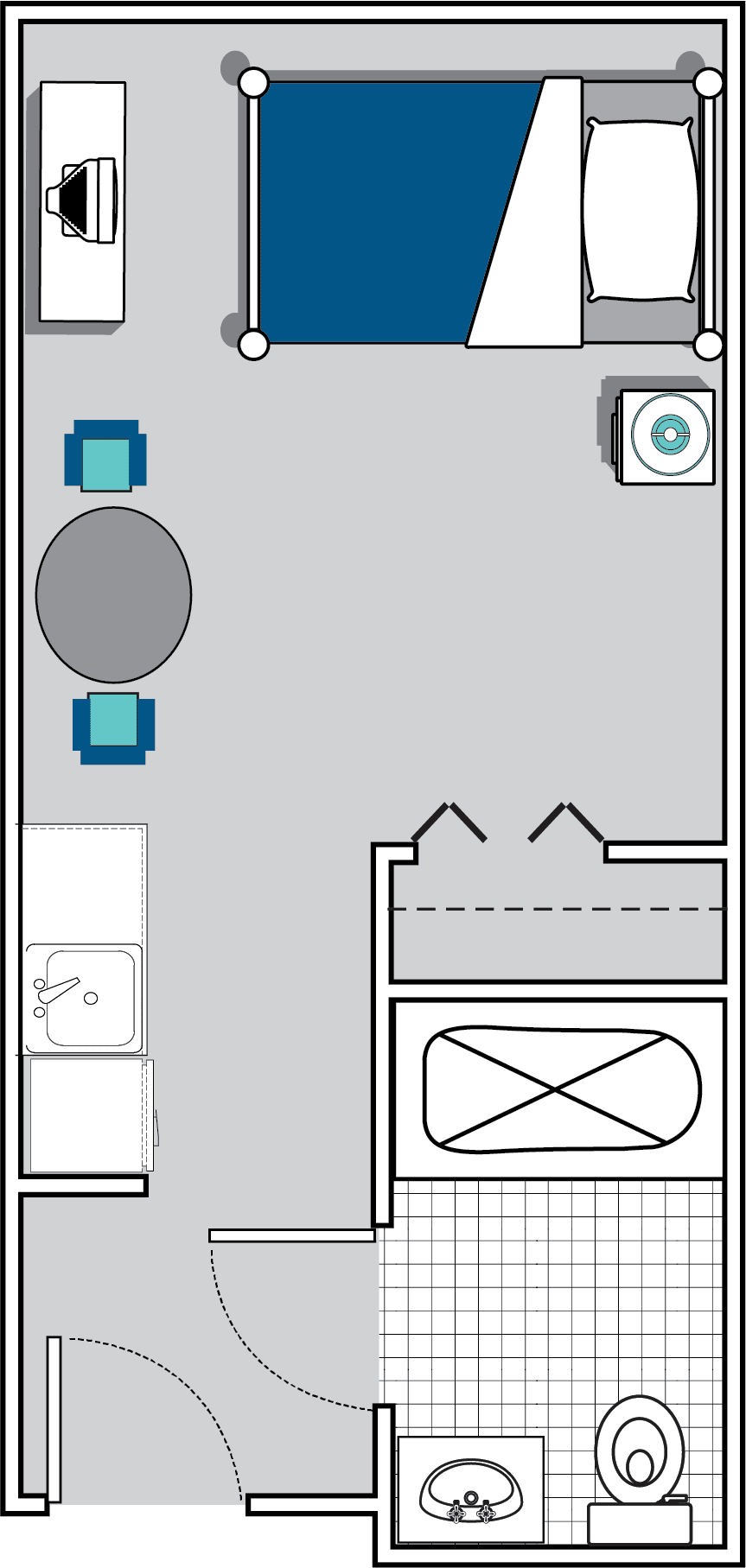 This image shows a simple floor plan with furniture and fixtures.