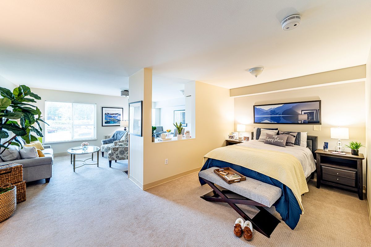 A bright and spacious modern bedroom with elegant decor and cozy furnishings.