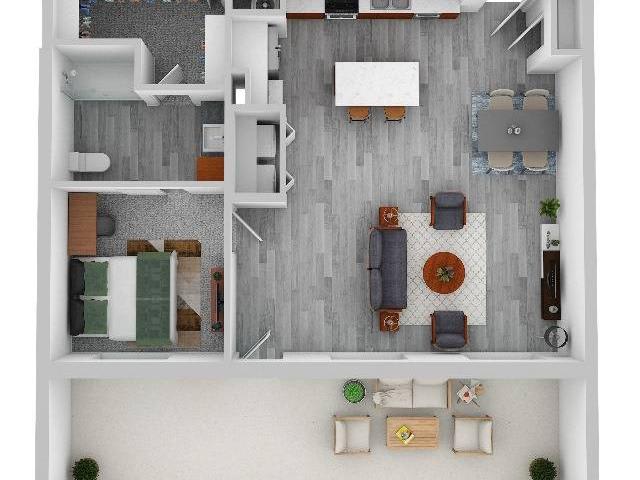 A modern apartment floor plan showcasing an open-concept living, dining, and kitchen area.