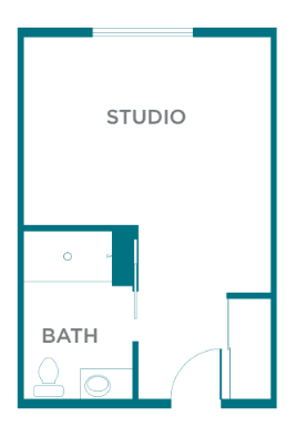 Floor plan of a studio apartment with designated bath area.