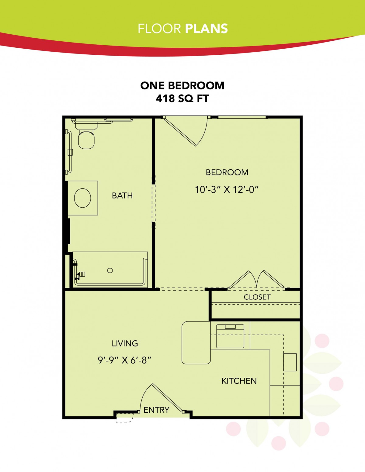 One-bedroom apartment floor plan with a living area, bedroom, kitchen, and bathroom.