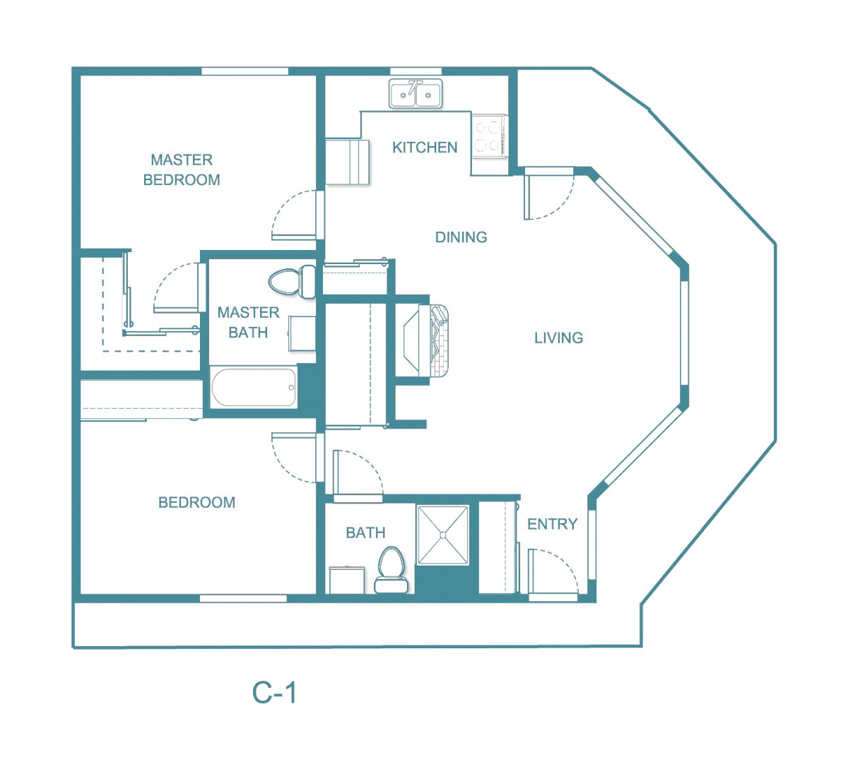 A detailed floor plan of a residential apartment with designated rooms and features.