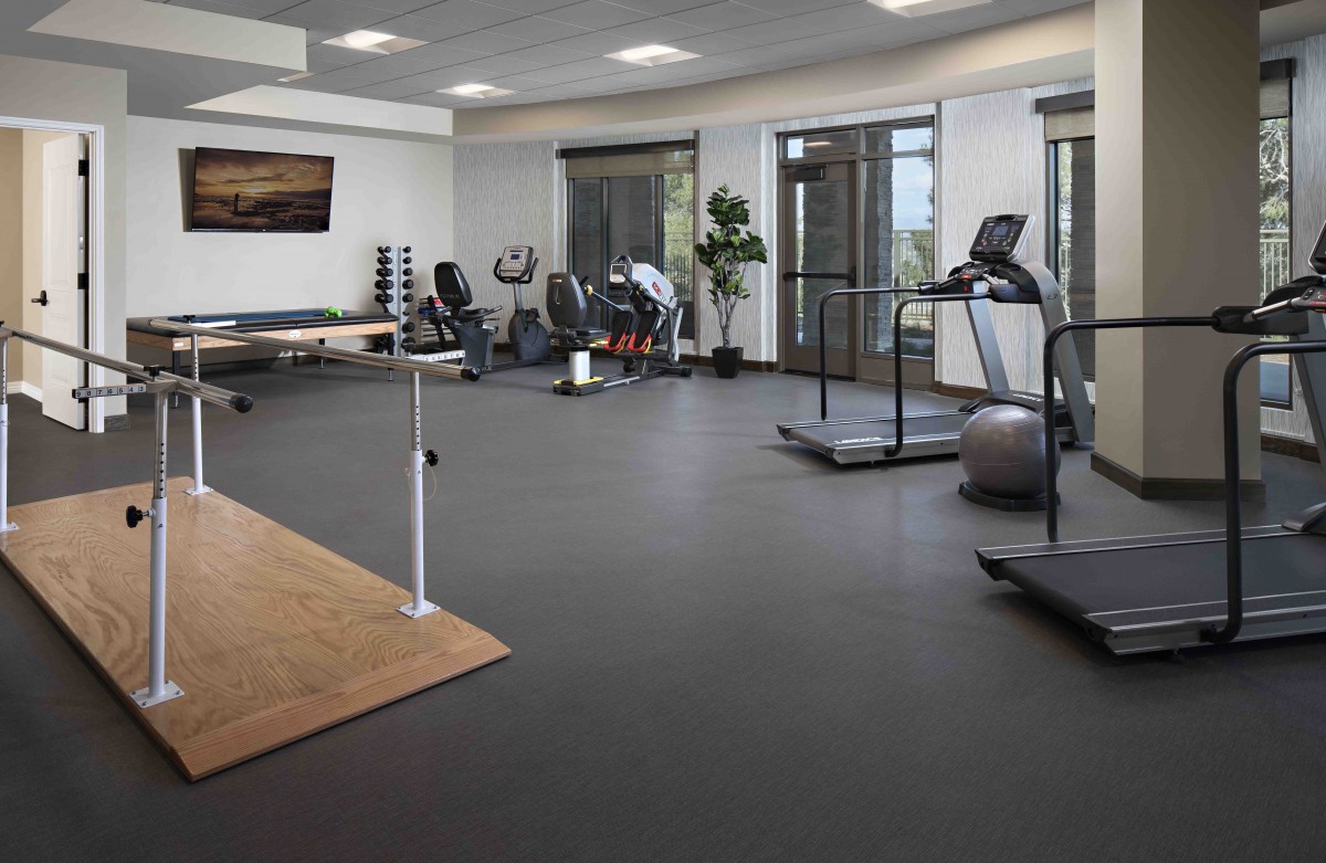 A spacious gym equipped with treadmills, exercise bikes, and dumbbells for a comprehensive workout.