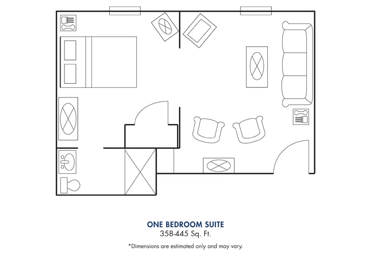 Floor plan of a one-bedroom suite with living area and bathroom.