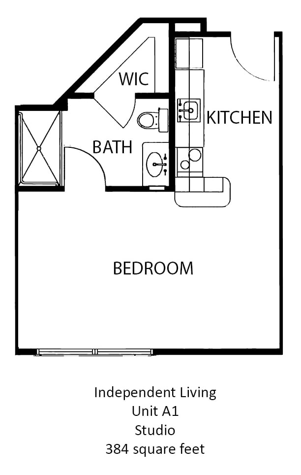 Simple studio apartment floor plan featuring a combined bedroom, bath, and kitchen area.