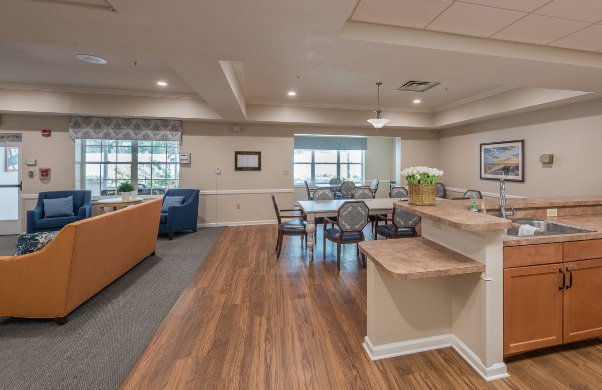 A spacious open floor plan featuring a living room and dining area with hardwood flooring, comfortable furniture, and a kitchen counter.