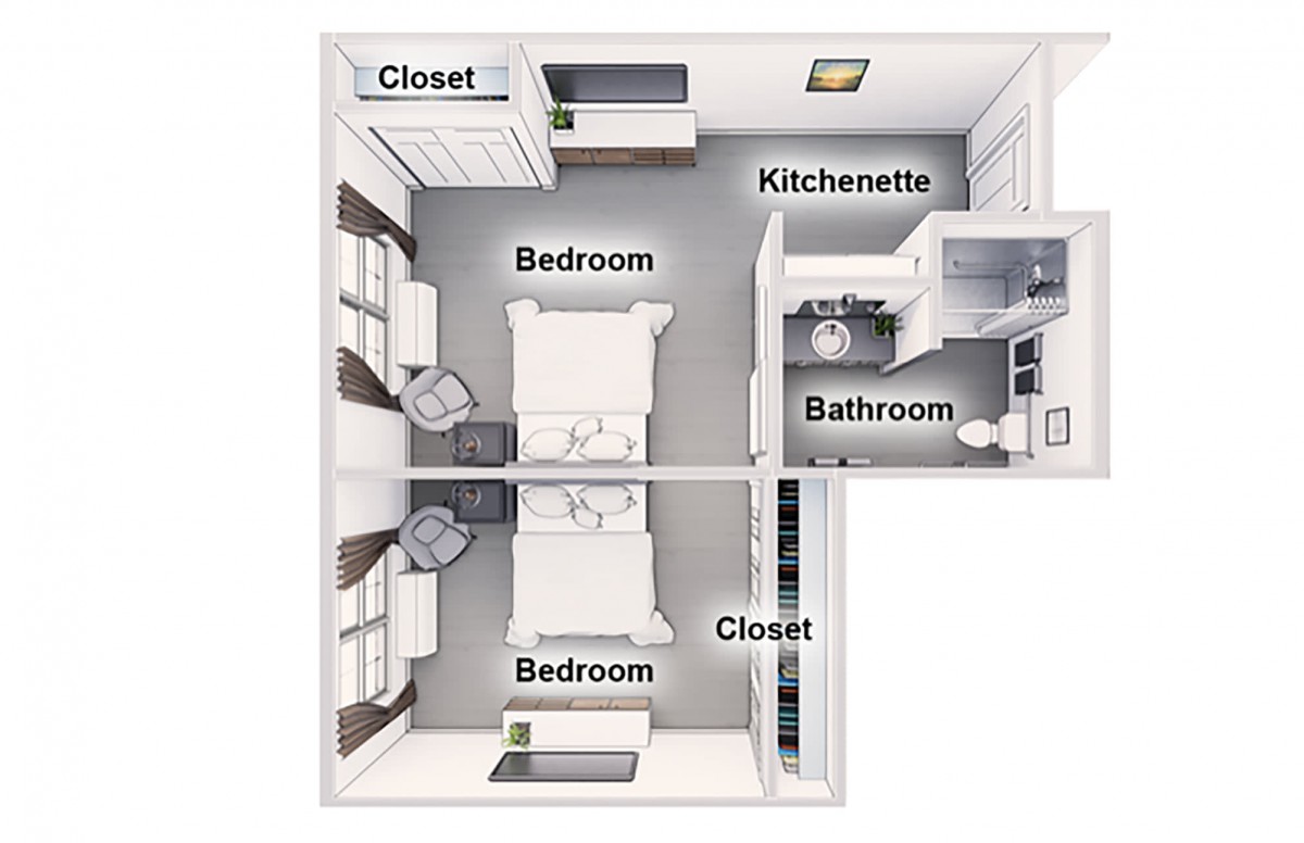 A floor plan of a two-bedroom apartment with a kitchenette, bathroom, and closets.