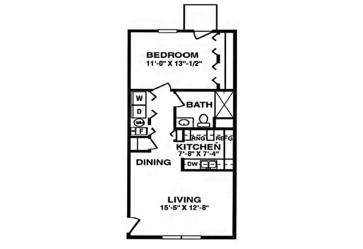 A floor plan of a one-bedroom apartment featuring a living room, kitchen, dining area, bathroom, and bedroom.