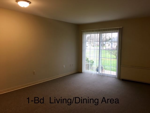 Empty living and dining area of a one-bedroom apartment with sliding glass doors.