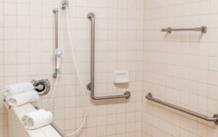 An accessible shower with grab bars and a handheld showerhead.