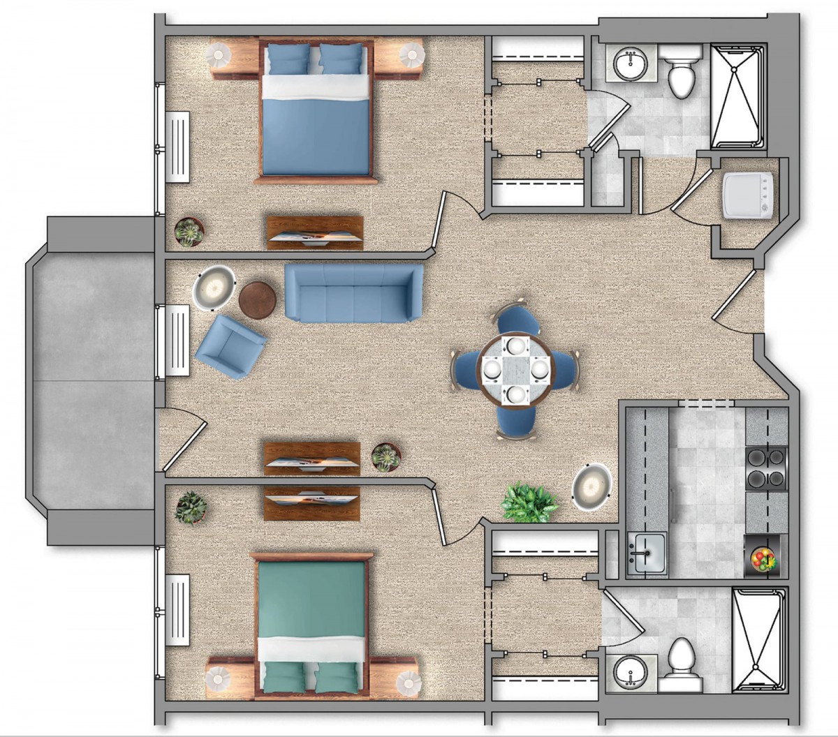 A detailed floor plan of a two-bedroom apartment with a living room, kitchen, and balcony.