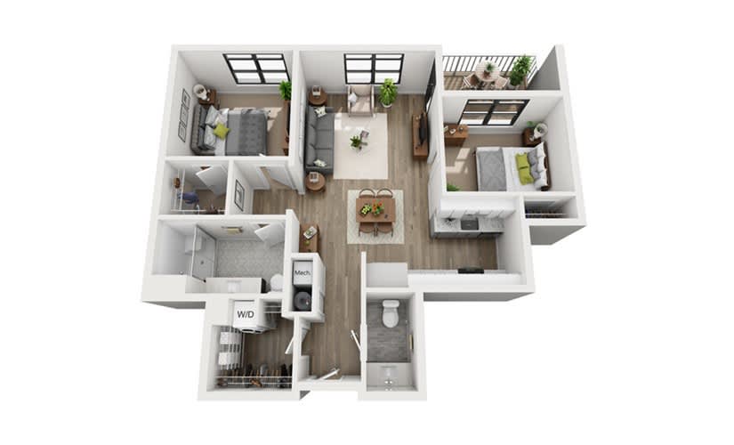 A modern apartment floor plan with two bedrooms, a living room, kitchen, and bathroom.