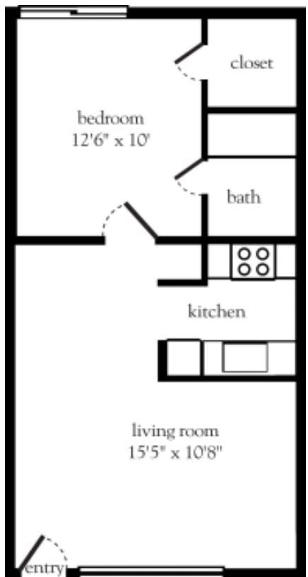 A simple floor plan of a one-bedroom apartment with designated areas for the kitchen, bath, living room, and bedroom.