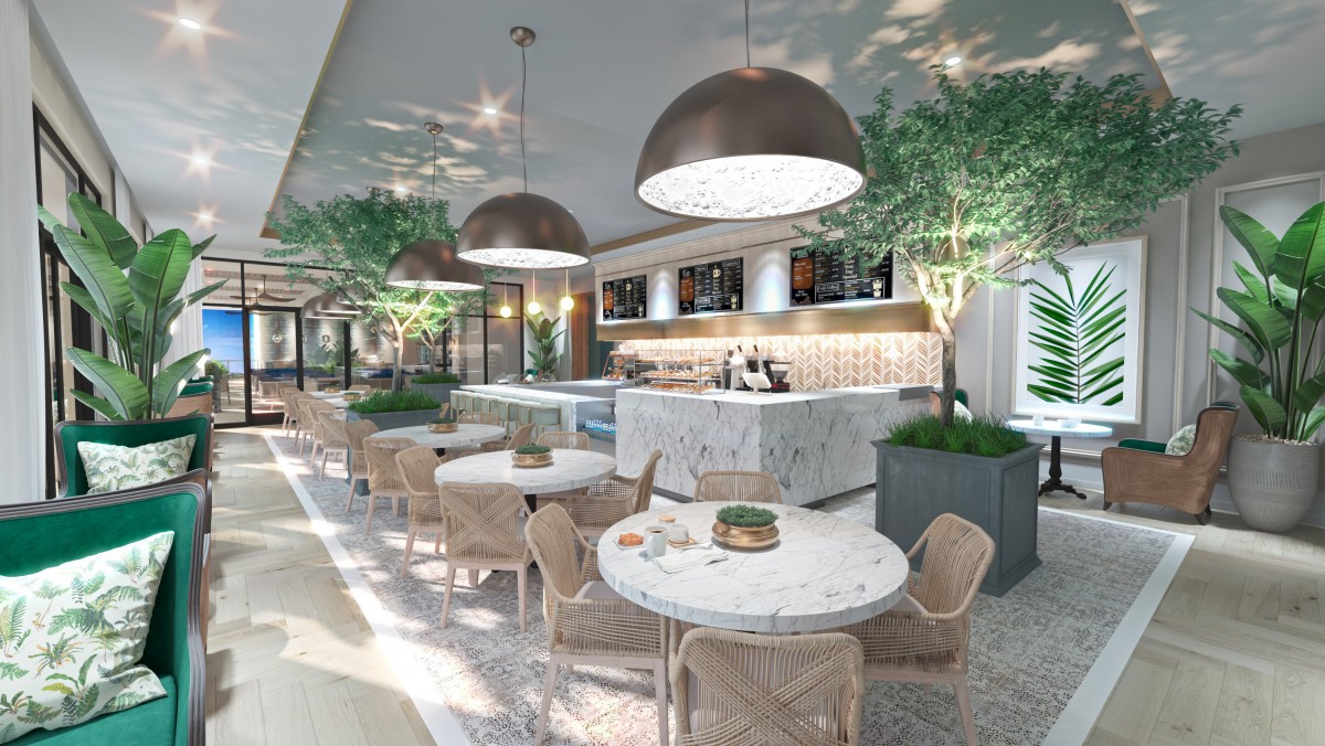 A modern restaurant interior with elegant lighting, seating areas, and greenery.