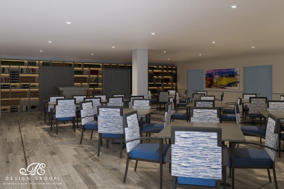 A modern and spacious dining area with neatly arranged tables and chairs.