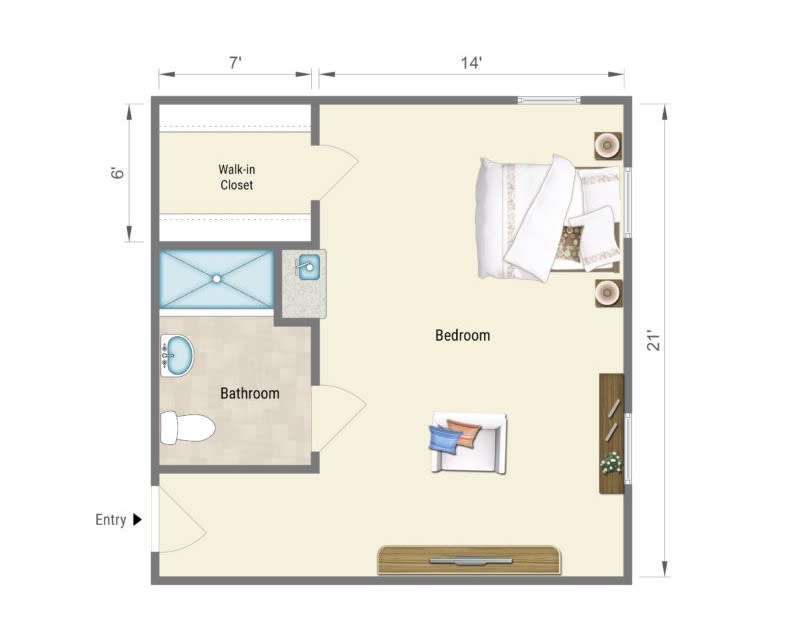 A floor plan illustrating a bedroom with an adjacent bathroom and walk-in closet.
