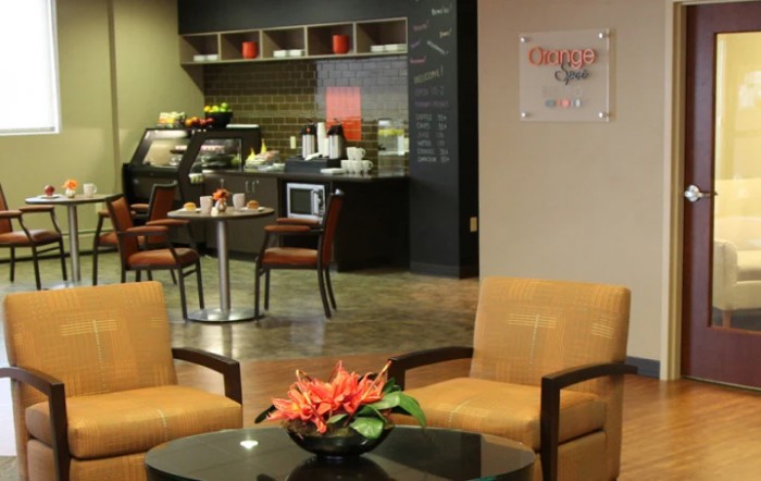 A modern lounge area with comfortable seating and a coffee shop in the background.