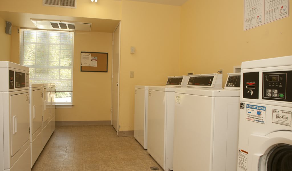 A laundry room with several washing machines lined up against the wall.