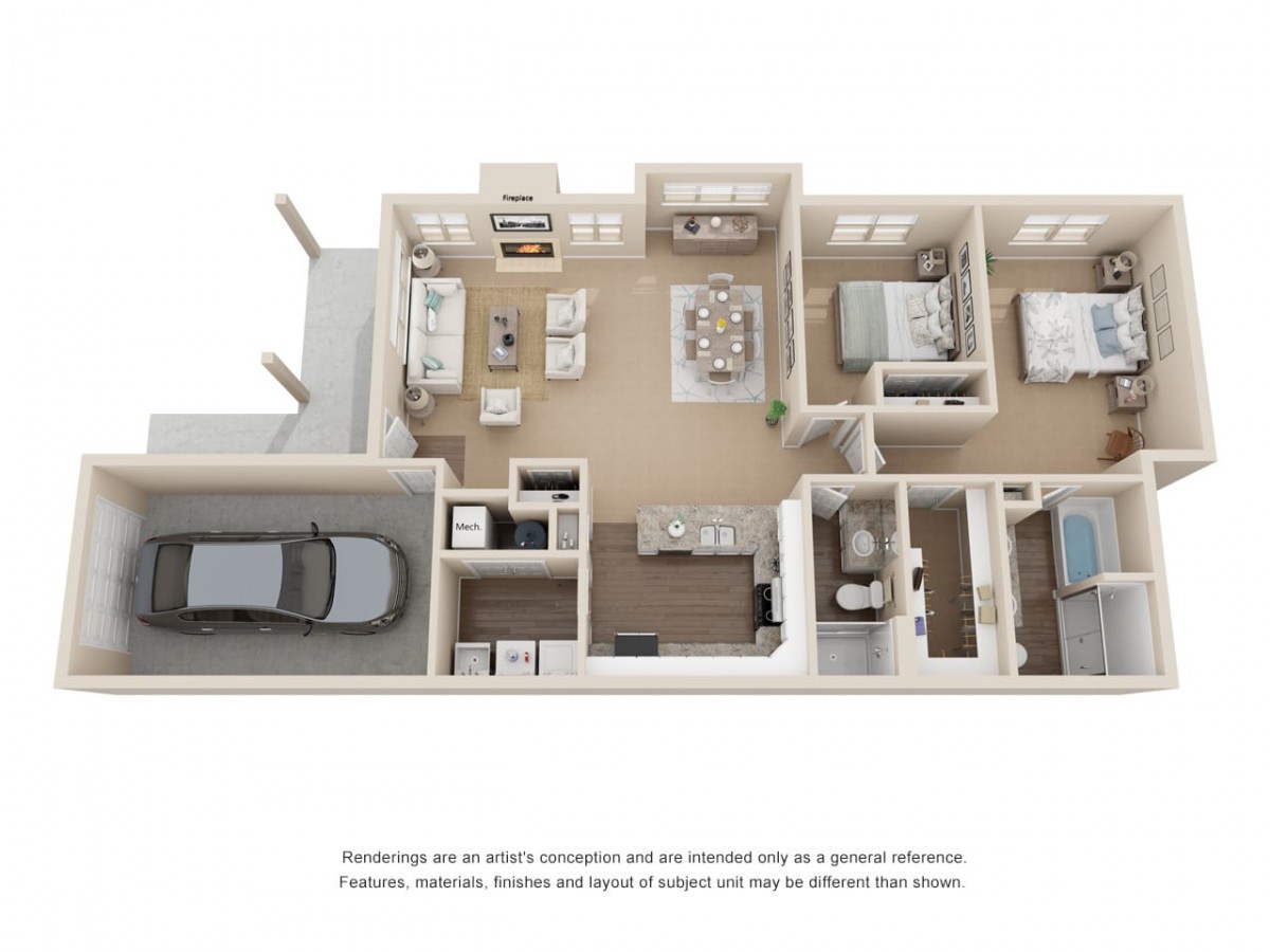 3D floor plan of a home layout featuring two bedrooms, a kitchen, living room, and garage.