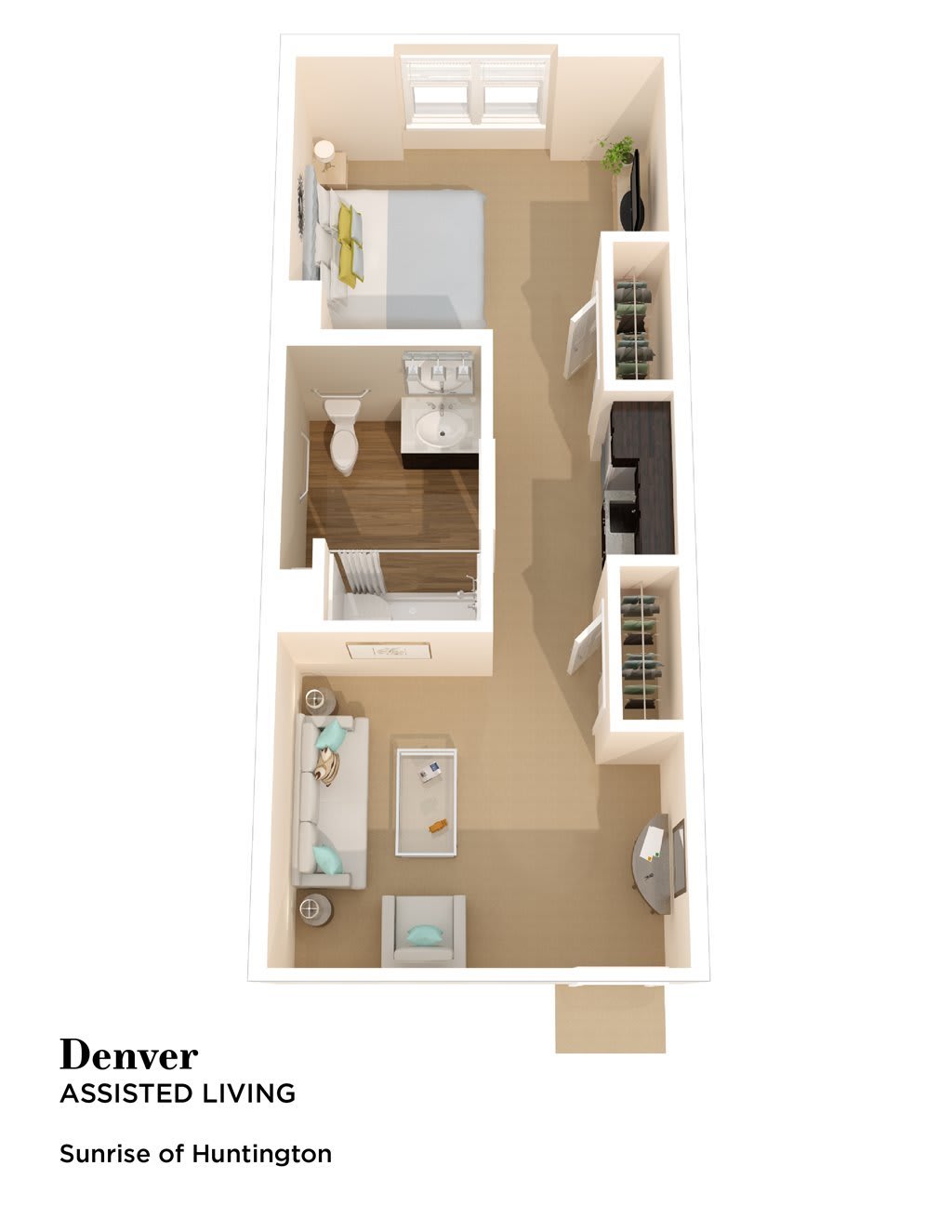 One-bedroom apartment floor plan with kitchen, living room, and bathroom.