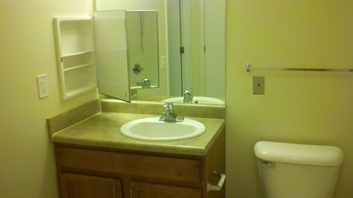 A small bathroom with a sink, mirror, and toilet.