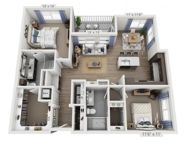 A 3D floor plan of an apartment with two bedrooms, a living room, and kitchen area.