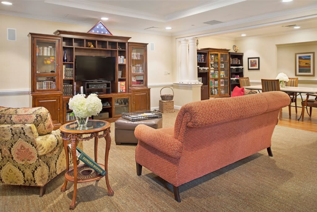 A cozy living room with a sofa, television, and bookshelves.
