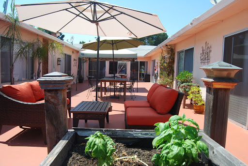 A cozy outdoor patio setup featuring comfortable seating, a large umbrella for shade, and vibrant greenery.