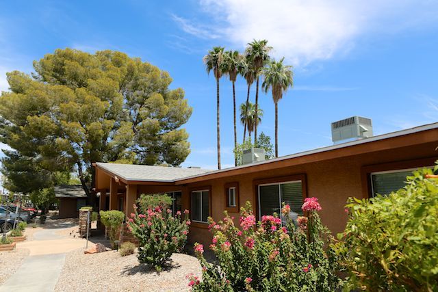A single-story house surrounded by flowers and palm trees on a sunny day.