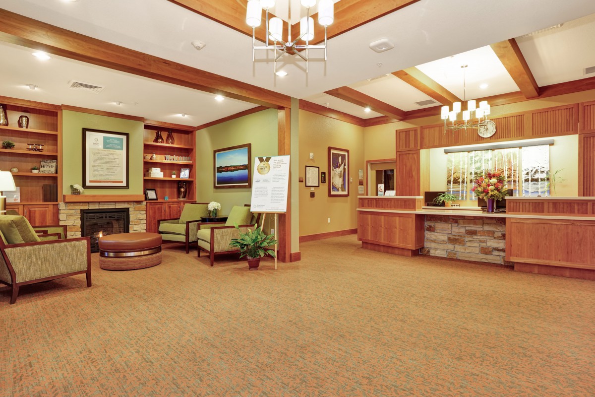 A welcoming lobby with comfortable seating and a reception desk.