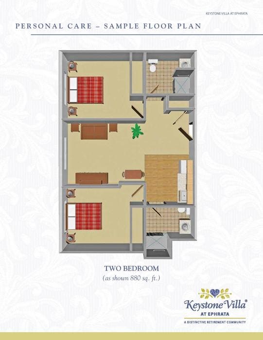A 2D floor plan of a two-bedroom apartment with labeled rooms and furniture.
