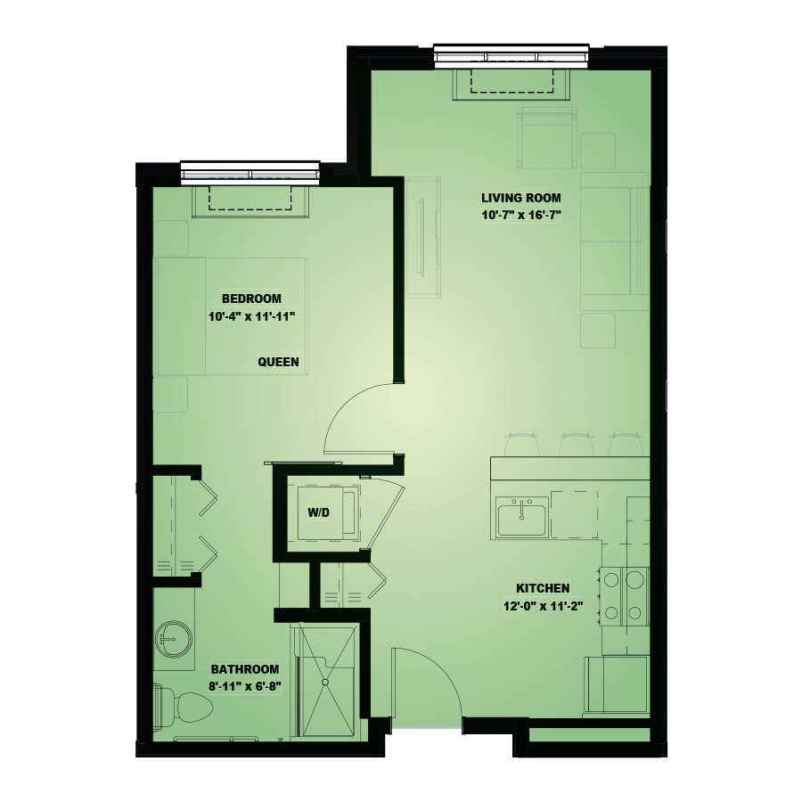 A 1-bedroom apartment floor plan showcasing the arrangement of living space, bedroom, and kitchen areas.