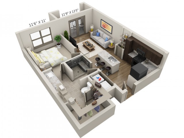A modern 3D floor plan of a one-bedroom apartment showcasing a stylish and efficient layout.